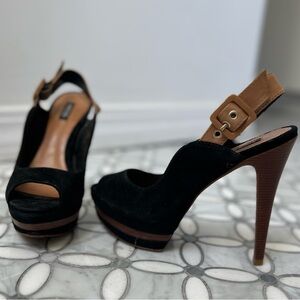 Platform slingback heels black suede brown leather sole Arezzo 37/6